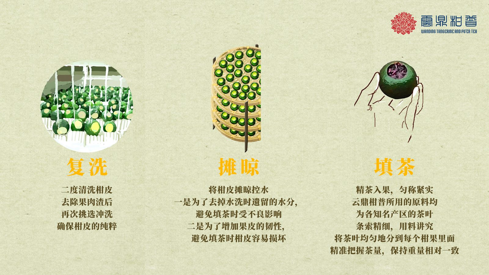 全生晒工艺流程图:复洗、摊晾、填茶